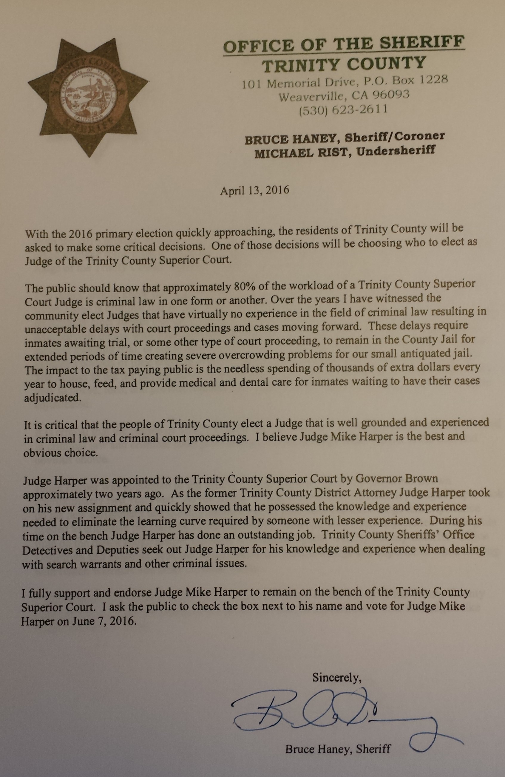 Elect Michael Harper, Judge - Letters of Support